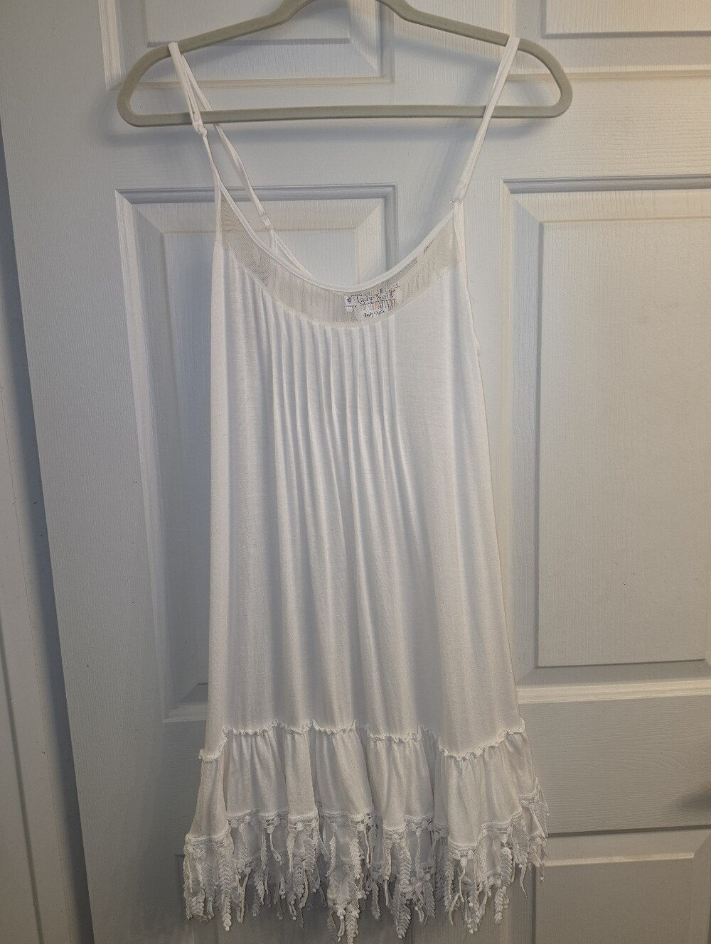 Lady Noiz Boho Cottagecore Pleated Mini Dress Off White Mesh Lace Tassel Hem L